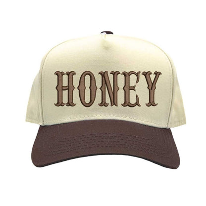 Natural Brown HONEY Two Tone 5 Panel Baseball Hat with embroidered lettering, two-tone design, and adjustable strap for casual streetwear style. - DSY Lifestyle