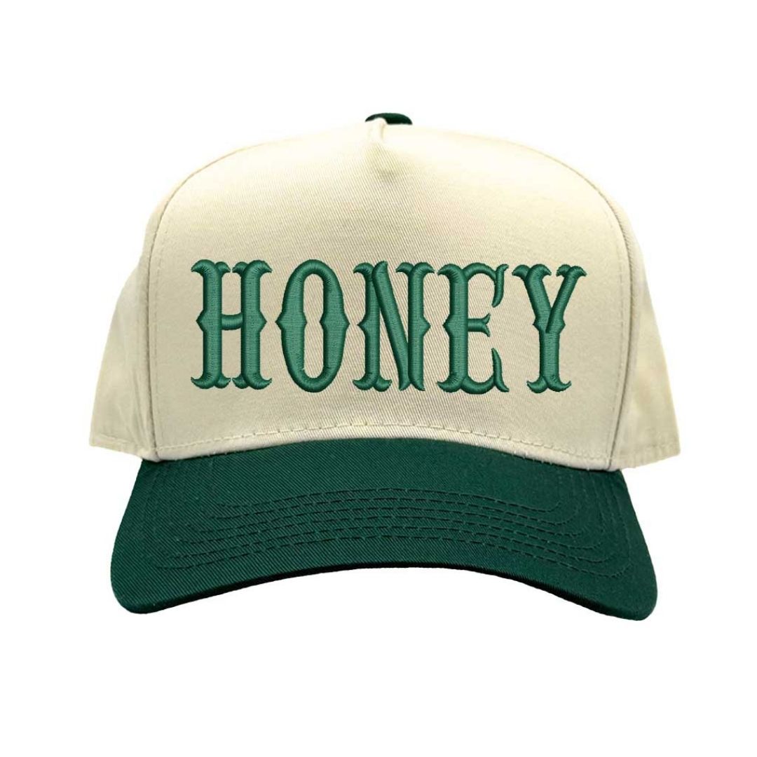 Natural Forest Green HONEY Two Tone 5 Panel Baseball Hat with embroidered lettering, two-tone design, and adjustable strap for casual streetwear style. - DSY Lifestyle