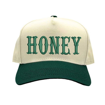 Natural Forest Green HONEY Two Tone 5 Panel Baseball Hat with embroidered lettering, two-tone design, and adjustable strap for casual streetwear style. - DSY Lifestyle