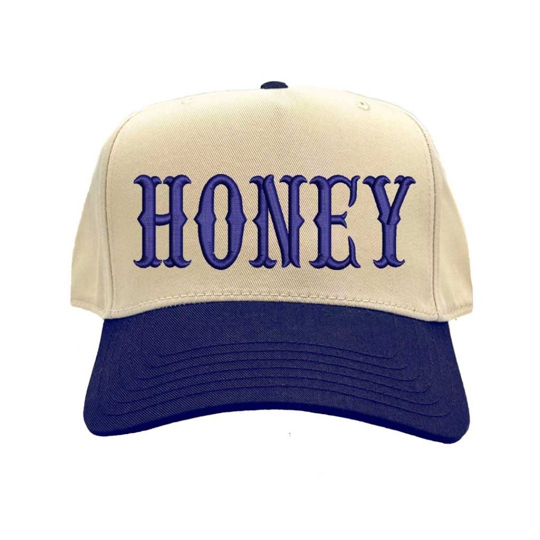 Natural Navy Blue HONEY Two Tone 5 Panel Baseball Hat with embroidered lettering, two-tone design, and adjustable strap for casual streetwear style. - DSY Lifestyle