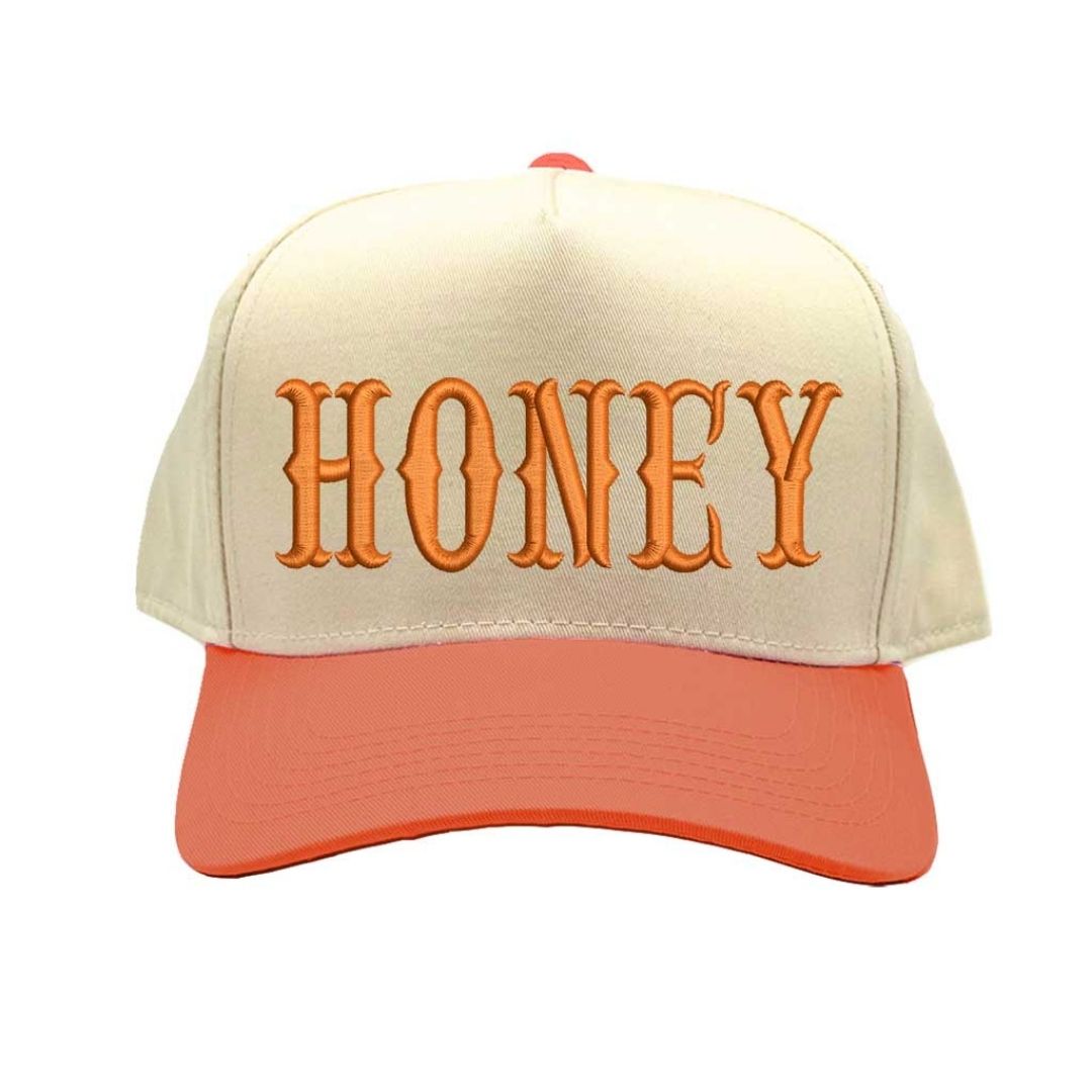 Natural Texas Orange HONEY Two Tone 5 Panel Baseball Hat with embroidered lettering, two-tone design, and adjustable strap for casual streetwear style. - DSY Lifestyle