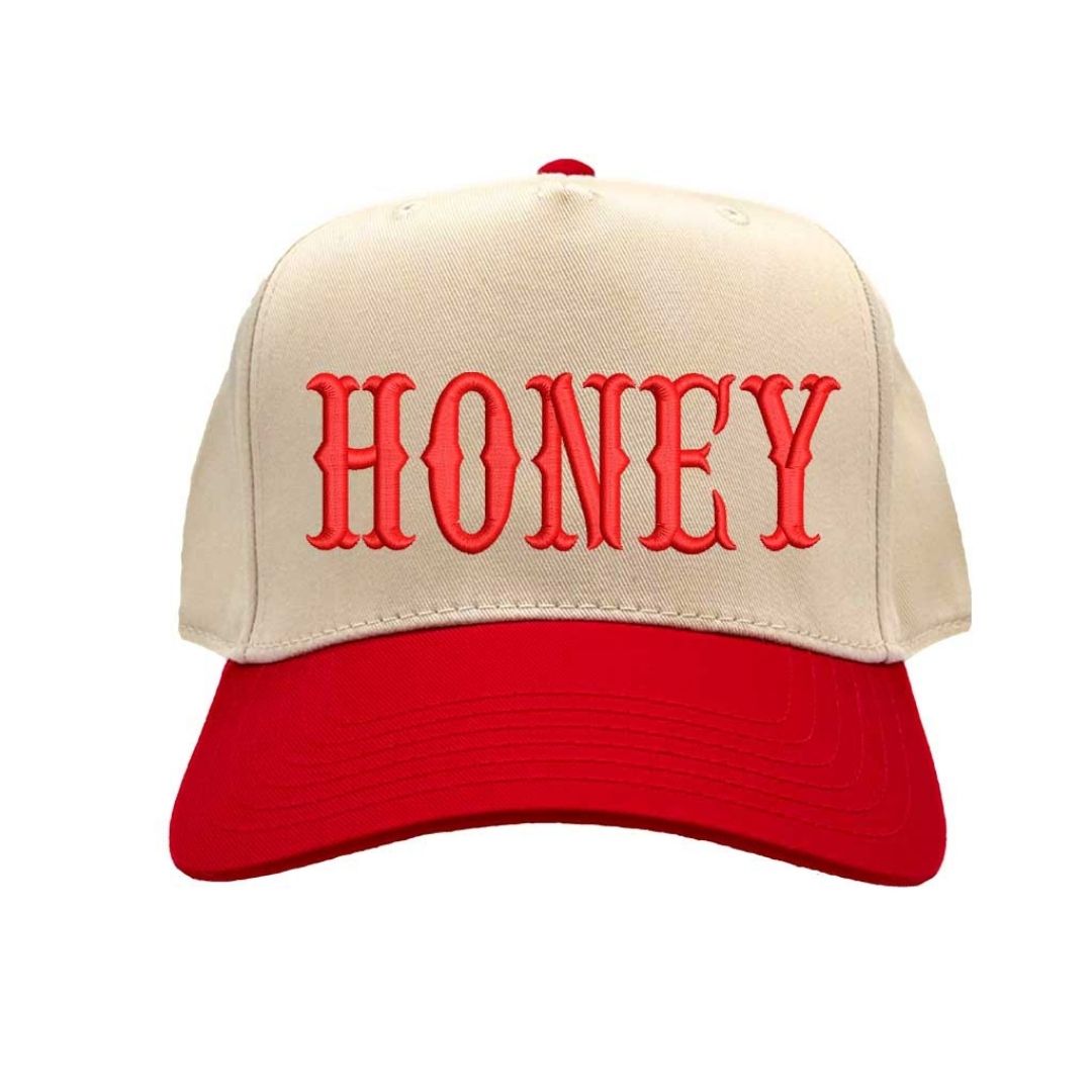 Natural Red HONEY Two Tone 5 Panel Baseball Hat with embroidered lettering, two-tone design, and adjustable strap for casual streetwear style. - DSY Lifestyle