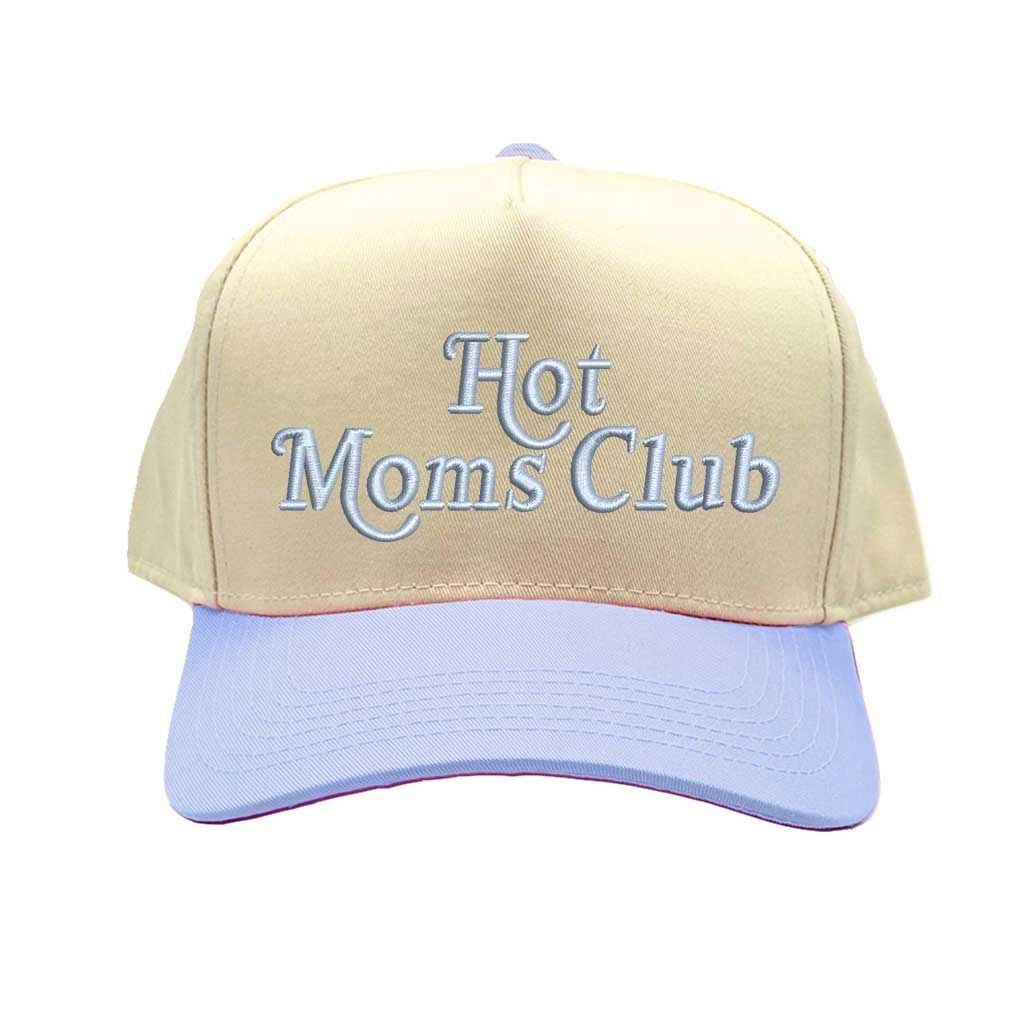 Natural Light Blue Hot Moms Club two tone 5 panel embroidered baseball hat with adjustable strap and bold embroidered design. - DSY Lifestyle