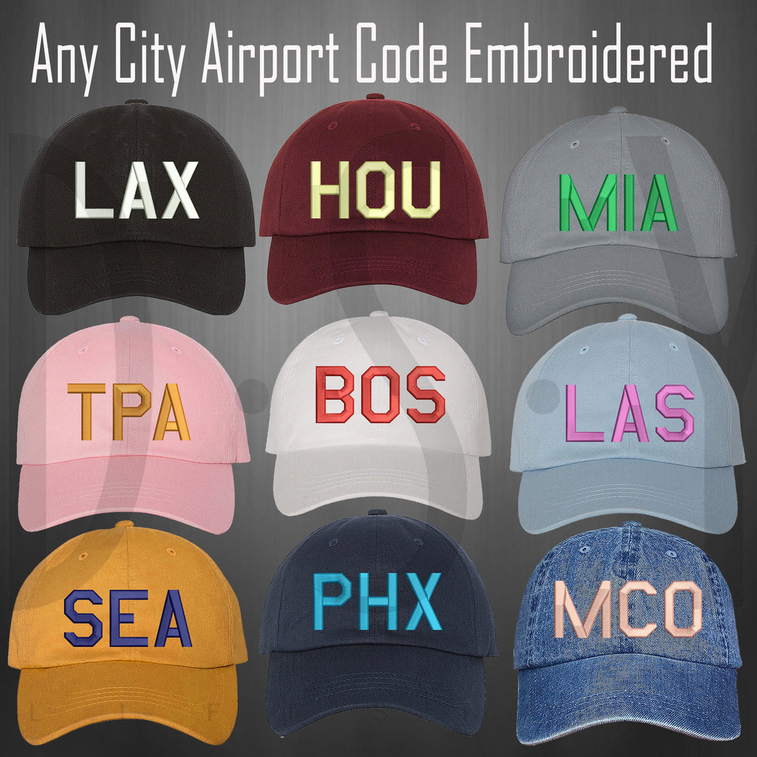 Custom embroidered airport-code hat with a city code on the front — DSY Lifestyle