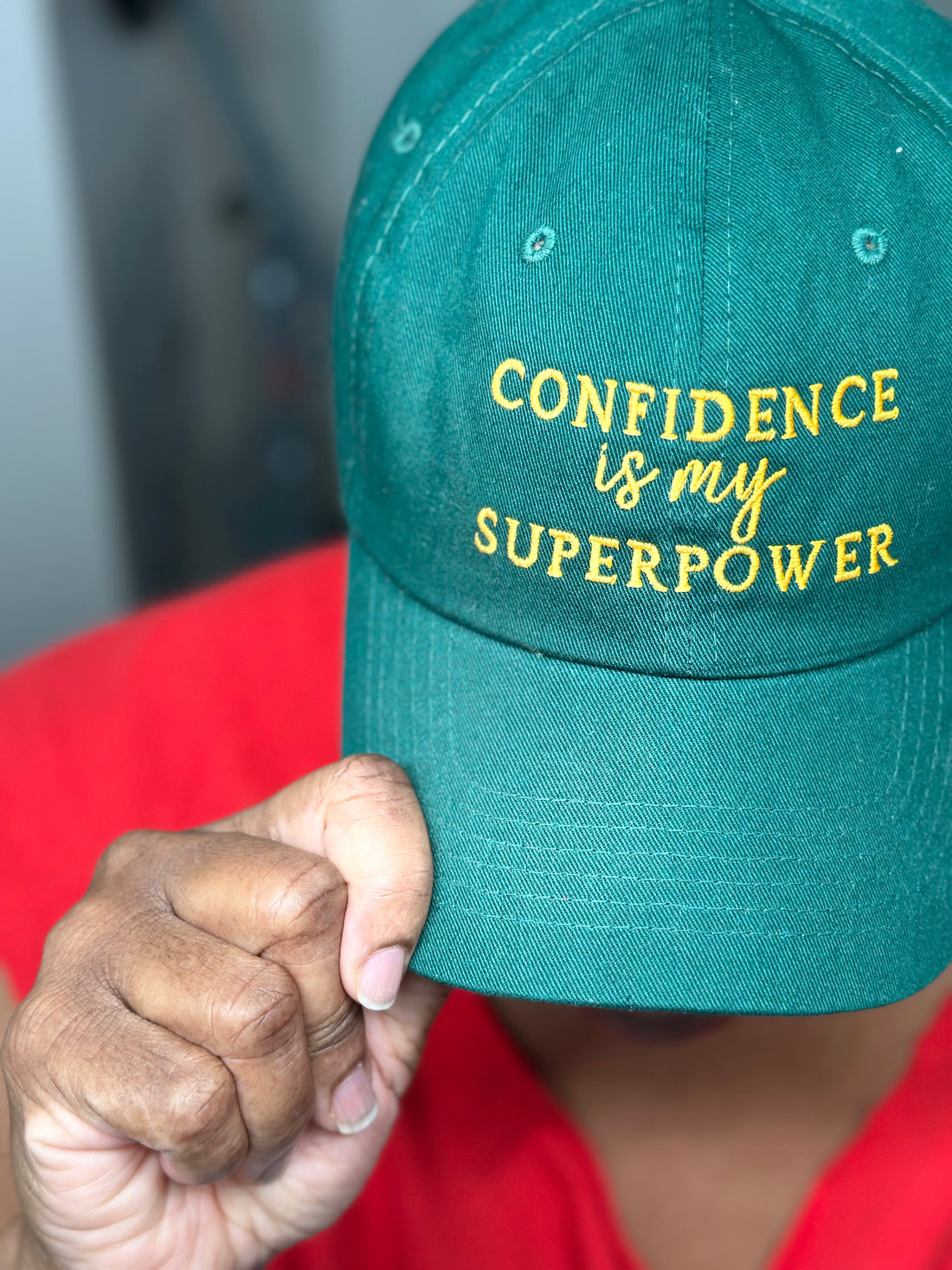 Kelly Green with gold lettering Confidence Is My Superpower Embroidered Baseball Hat – A bold statement hat with premium embroidery, perfect for those who own their confidence – DSY Lifestyle