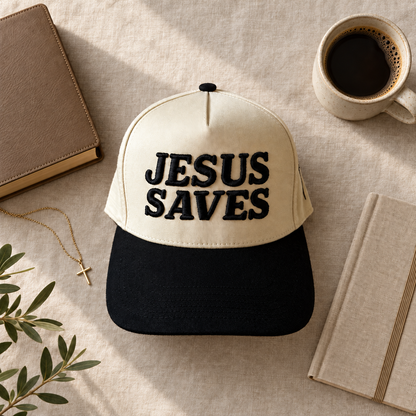 Jesus Saves two-tone embroidered trucker hat styled flat lay