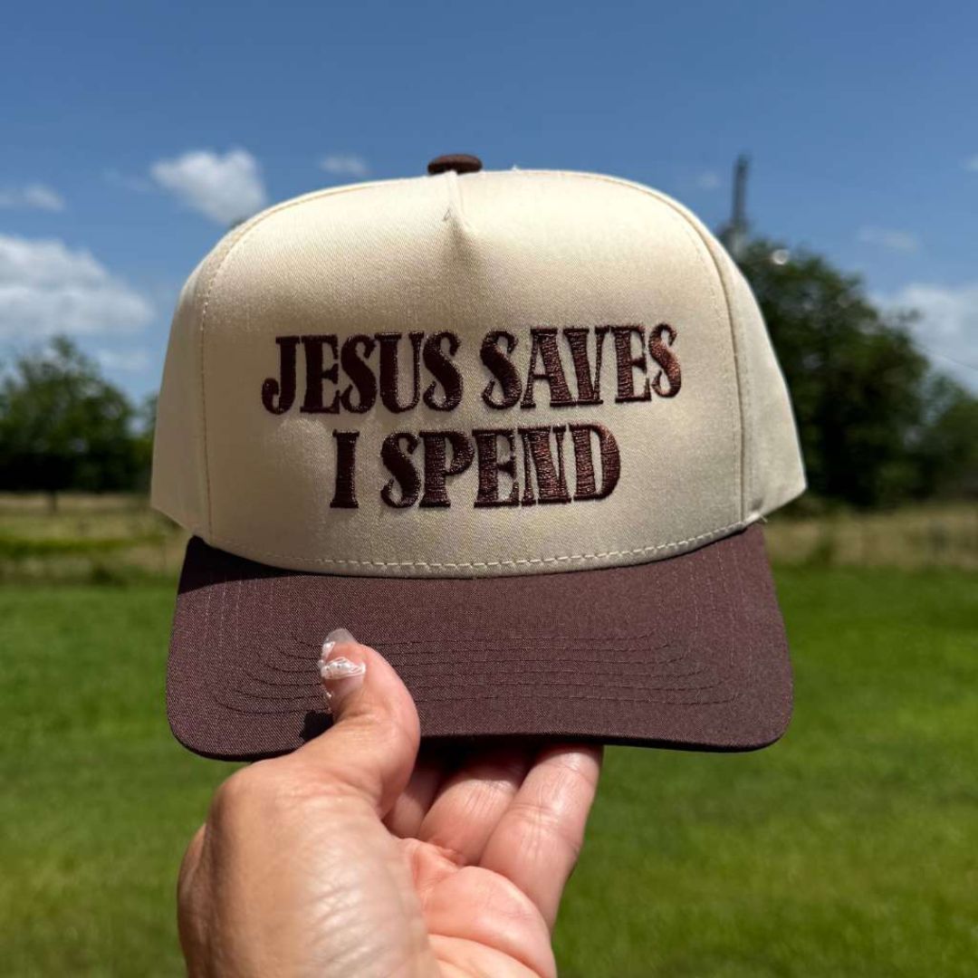 Natural Brown The Jesus Saves I Spend two-tone 5-panel embroidered hat is the perfect blend of faith and fun—designed for stylish believers with a love for shopping. - DSY Lifestyle