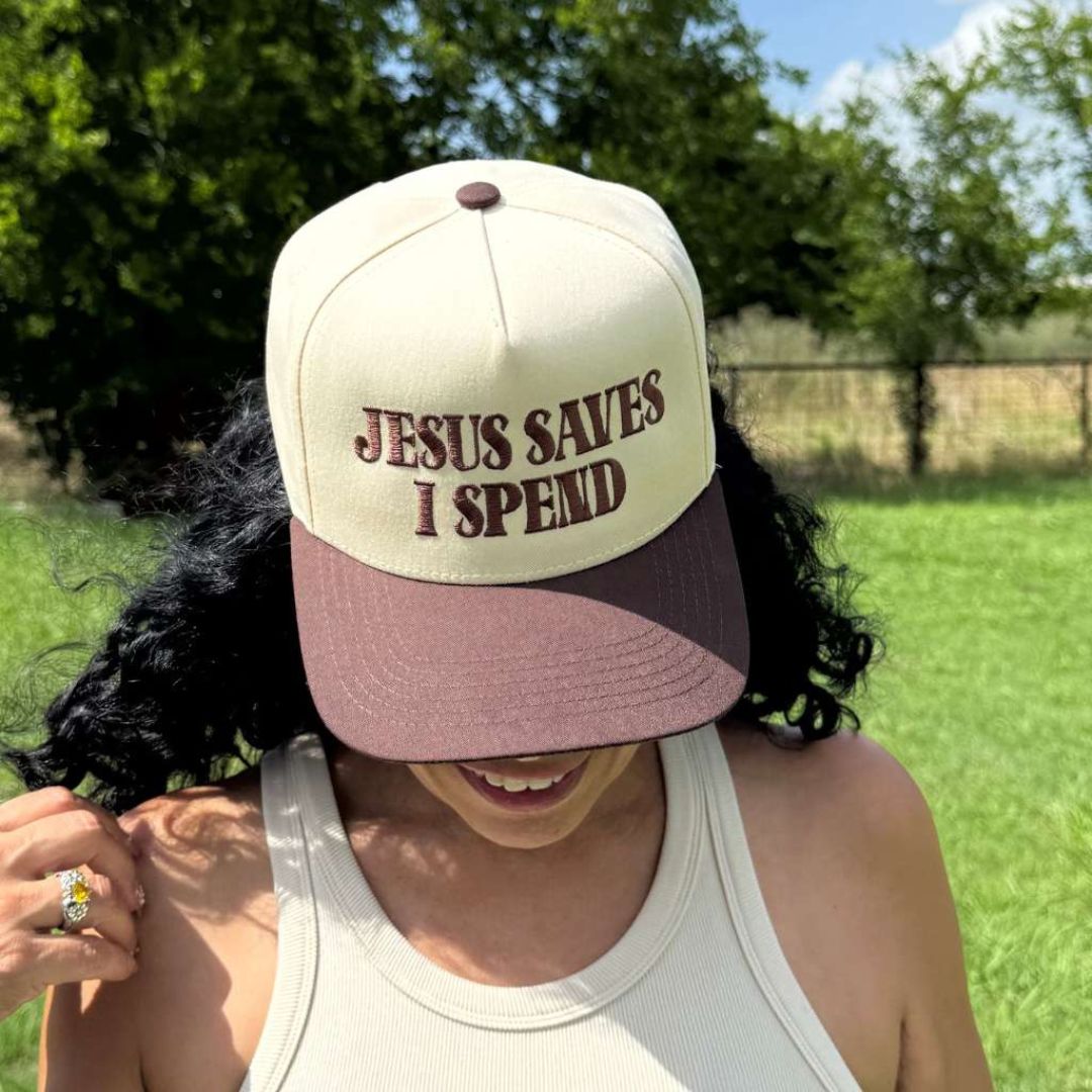 Natural Brown The Jesus Saves I Spend two-tone 5-panel embroidered hat is the perfect blend of faith and fun—designed for stylish believers with a love for shopping. - DSY Lifestyle