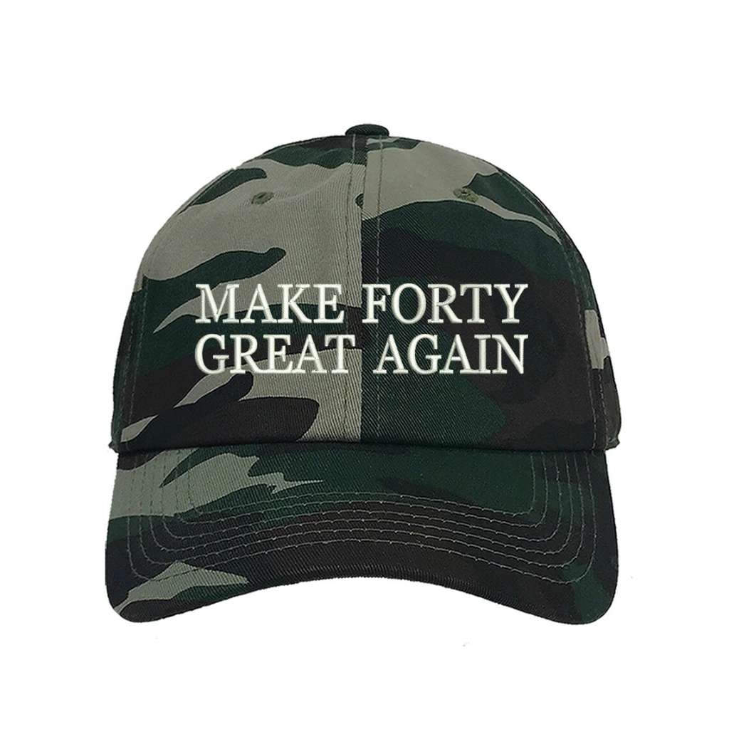 Camo Green trendy baseball hat with Make Forty Great Again embroidered on the front, featuring an adjustable strap and soft cotton fabric for a stylish and comfortable fit - DSY Lifestyle