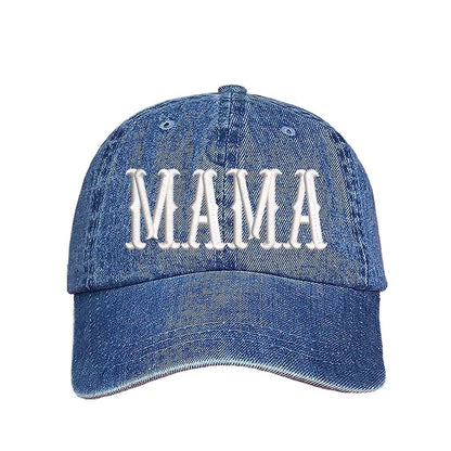 Light Denim Mama Bold Embroidered Baseball Hat in classic cotton with pre-curved brim and hook and loop closure. DSY Lifestyle.