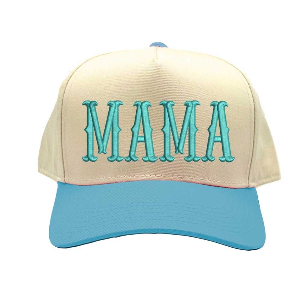 Natural Aqua MAMA 5-Panel Two Tone Baseball Hat with embroidered lettering, retro two-tone design, and adjustable snapback closure – DSY Lifestyle.