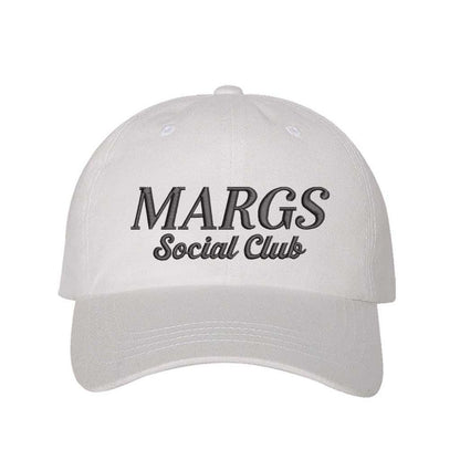 White Chic embroidered baseball hat reading “Margs Social Club” – ideal for brunch, beach, or bachelorette vibes. - DSY Lifestyle