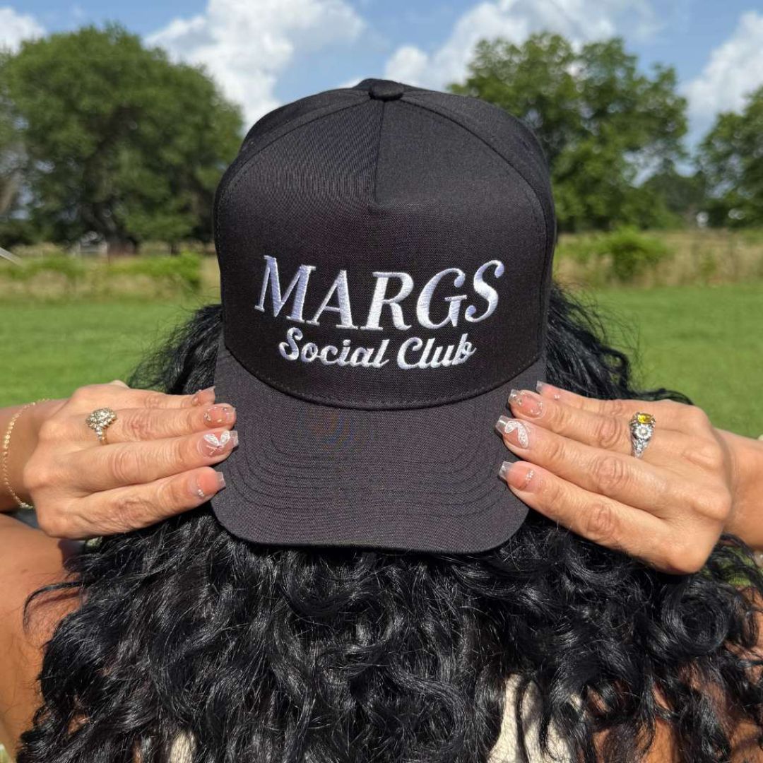 Black Two-tone embroidered trucker baseball hat with “Margs Social Club” stitched on front, adjustable snapback closure – DSY Lifestyle