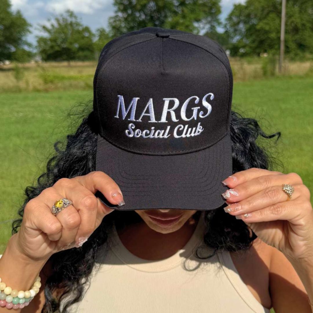 Black Two-tone embroidered trucker baseball hat with “Margs Social Club” stitched on front, adjustable snapback closure – DSY Lifestyle