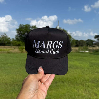 Black Two-tone embroidered trucker baseball hat with “Margs Social Club” stitched on front, adjustable snapback closure – DSY Lifestyle