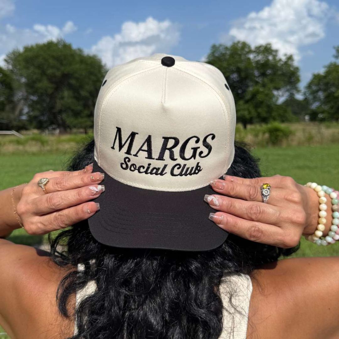Natural Black Two-tone embroidered trucker baseball hat with “Margs Social Club” stitched on front, adjustable snapback closure – DSY Lifestyle