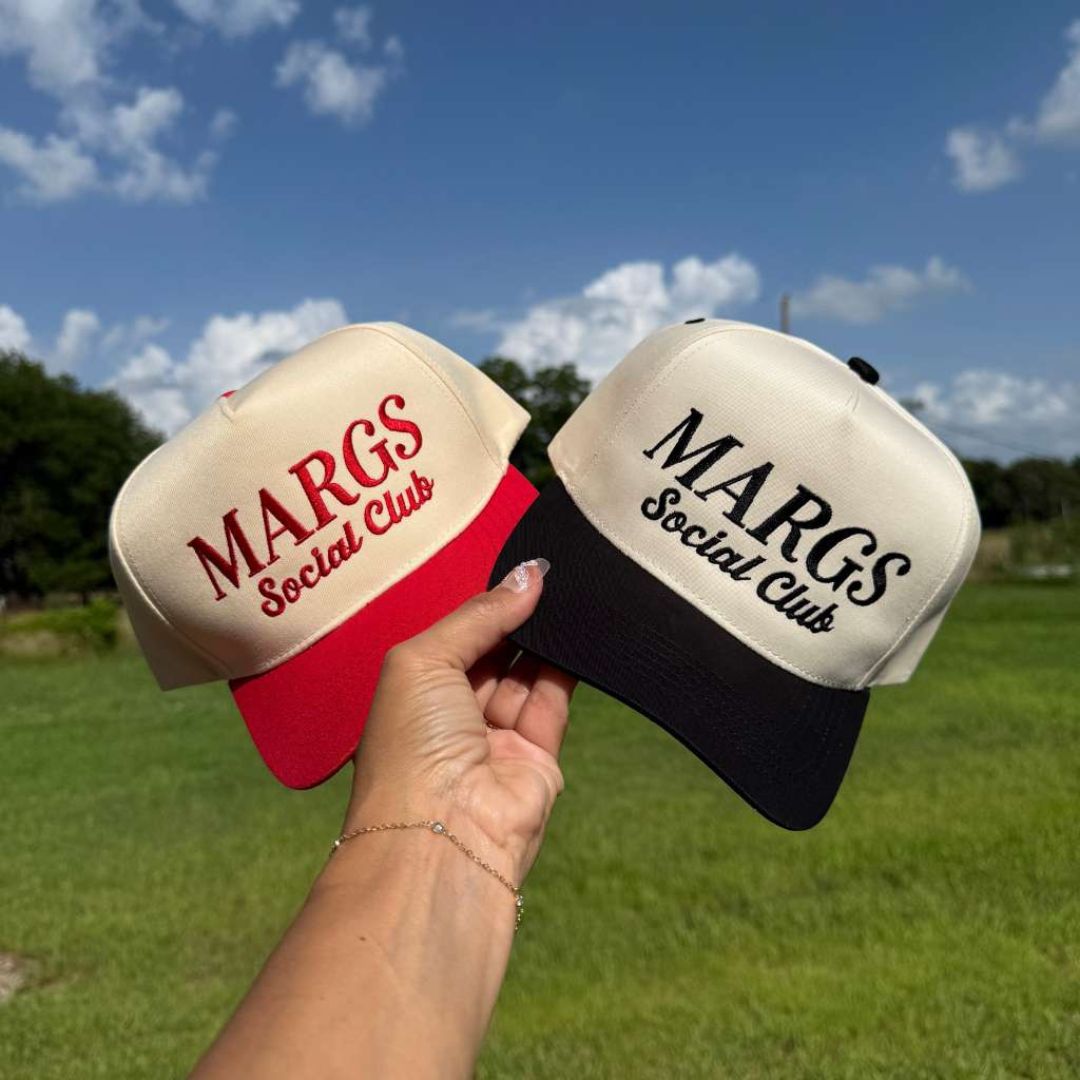 Natural Navy/Red set of Two-tone embroidered trucker baseball hats with “Margs Social Club” stitched on front, adjustable snapback closure – DSY Lifestyle