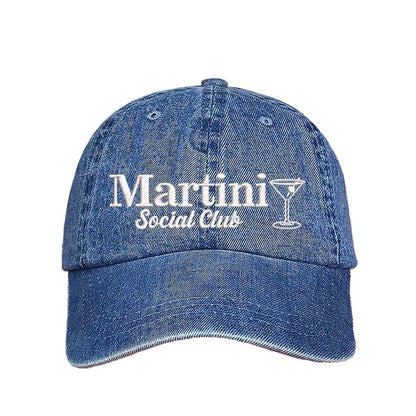 Light Denim Chic “Martini Social Club” embroidered baseball hat – the perfect cocktail accessory for upscale happy hours and glam get-togethers. - DSY Lifestyle