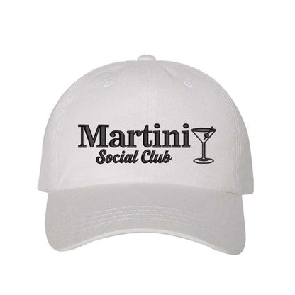 White Chic “Martini Social Club” embroidered baseball hat – the perfect cocktail accessory for upscale happy hours and glam get-togethers. - DSY Lifestyle