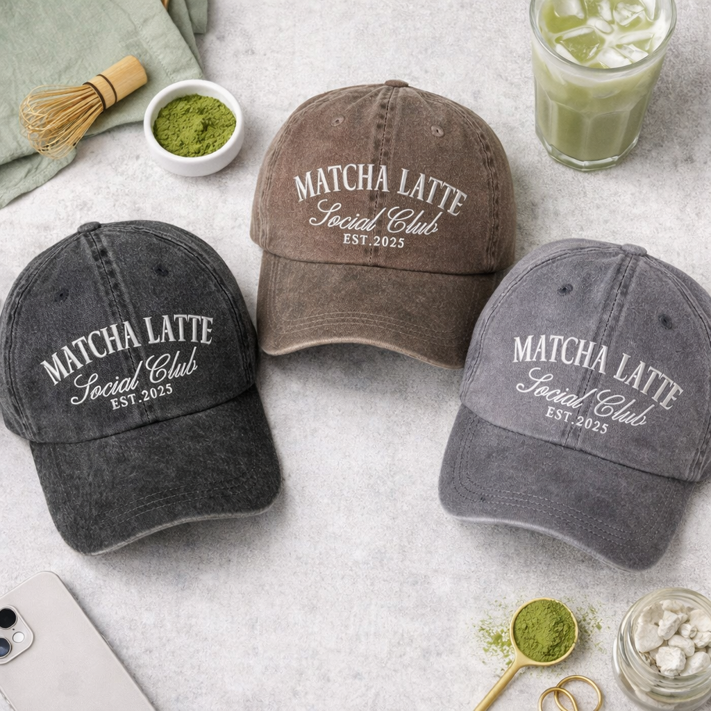 Flat lay of Black, Chocolate Brown, Gray Matcha Latte Social Club Est. 2025 washed cotton baseball hats with premium green embroidery by DSY Lifestyle. - DSY Lifestyle