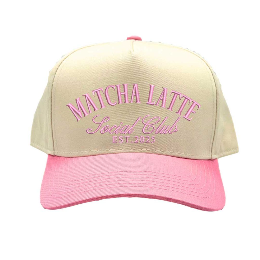 Front view of Matcha Latte Social Club embroidered hat with Natural Light Pink bill – DSY Lifestyle