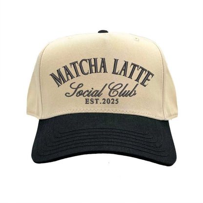 Front view of Matcha Latte Social Club embroidered hat with Natural Black bill – DSY Lifestyle