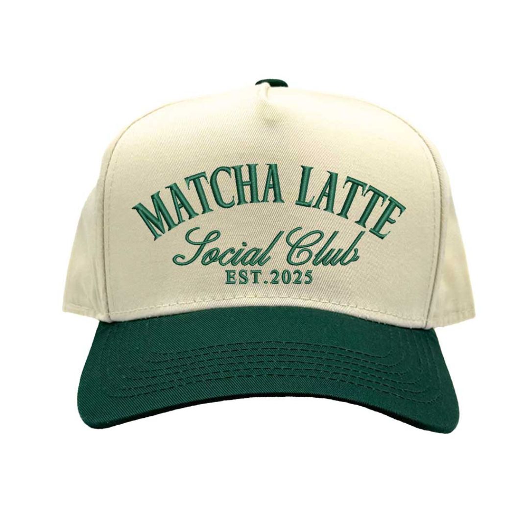 Front view of Matcha Latte Social Club embroidered hat with Natural Forest Green bill – DSY Lifestyle