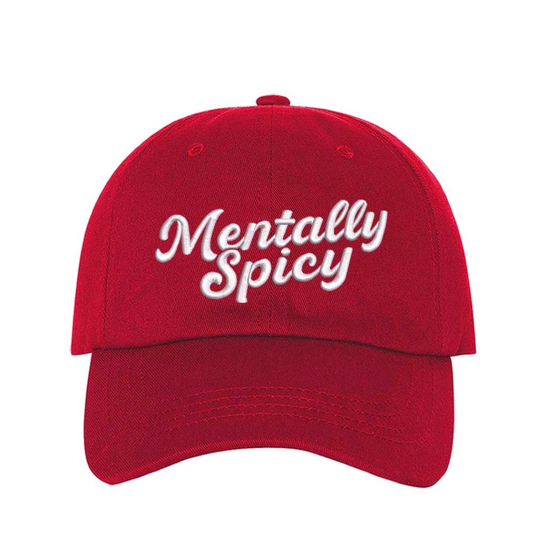 Red Mentally Spicy embroidered baseball hat with adjustable hook &amp; loop closure, lightweight funny mental health cap for everyday style – DSY Lifestyle.