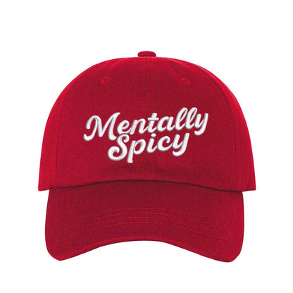Red Mentally Spicy embroidered baseball hat with adjustable hook &amp; loop closure, lightweight funny mental health cap for everyday style – DSY Lifestyle.