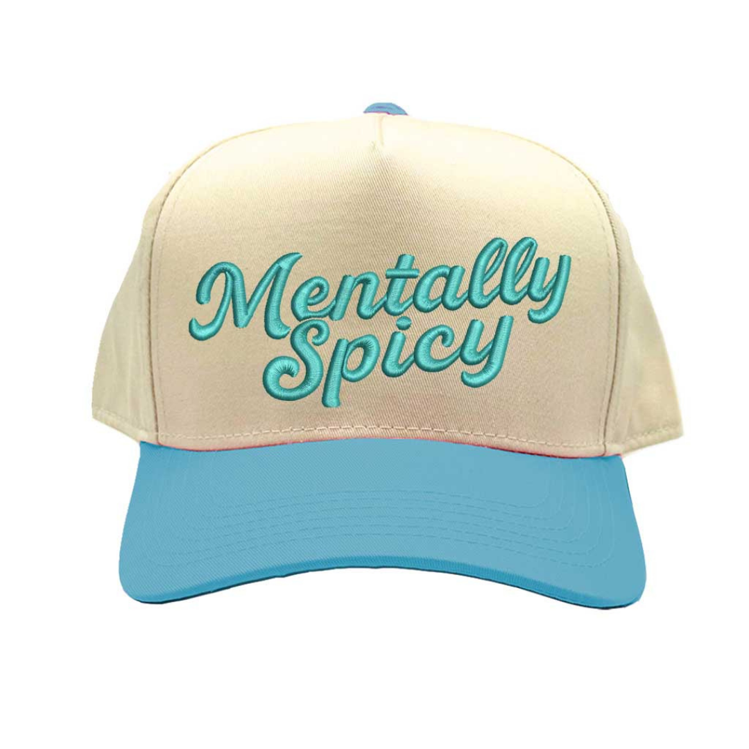 Natural Aqua Mentally Spicy Two Tone 5-Panel Embroidered Baseball Hat featuring bold stitched lettering and adjustable snapback closure – DSY Lifestyle