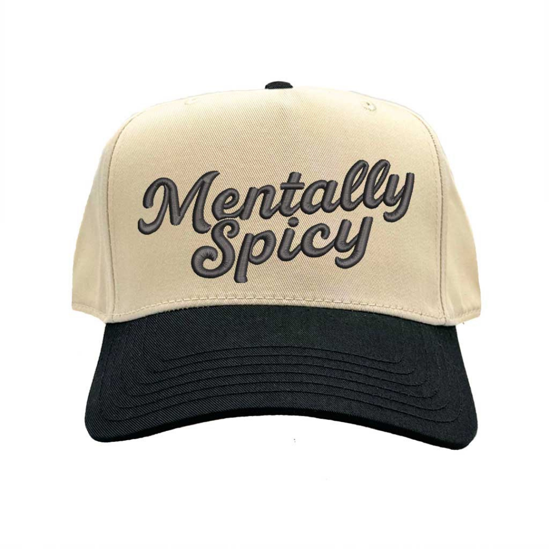 Natural Black Mentally Spicy Two Tone 5-Panel Embroidered Baseball Hat featuring bold stitched lettering and adjustable snapback closure – DSY Lifestyle