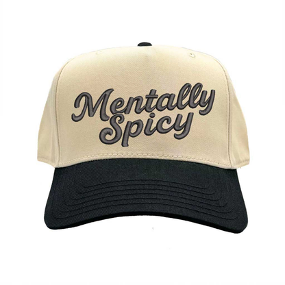 Natural Black Mentally Spicy Two Tone 5-Panel Embroidered Baseball Hat featuring bold stitched lettering and adjustable snapback closure – DSY Lifestyle