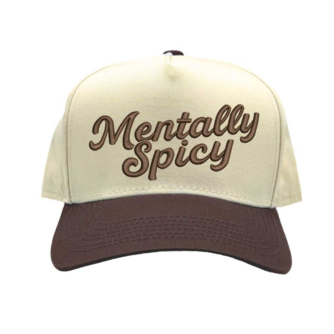 Natural Brown Mentally Spicy Two Tone 5-Panel Embroidered Baseball Hat featuring bold stitched lettering and adjustable snapback closure – DSY Lifestyle