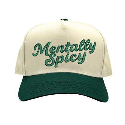 Natural Forest Green Mentally Spicy Two Tone 5-Panel Embroidered Baseball Hat featuring bold stitched lettering and adjustable snapback closure – DSY Lifestyle