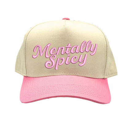 Natural Light Pink Mentally Spicy Two Tone 5-Panel Embroidered Baseball Hat featuring bold stitched lettering and adjustable snapback closure – DSY Lifestyle