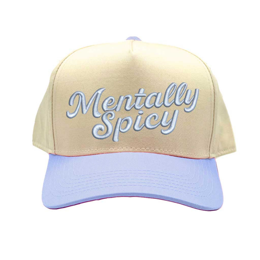 Natural Sky Blue Mentally Spicy Two Tone 5-Panel Embroidered Baseball Hat featuring bold stitched lettering and adjustable snapback closure – DSY Lifestyle