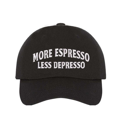 Black More Espresso Less Depresso embroidered baseball hat with adjustable hook &amp; loop closure, classic funny coffee lover cap for espresso fans and caffeine lifestyle – DSY Lifestyle.