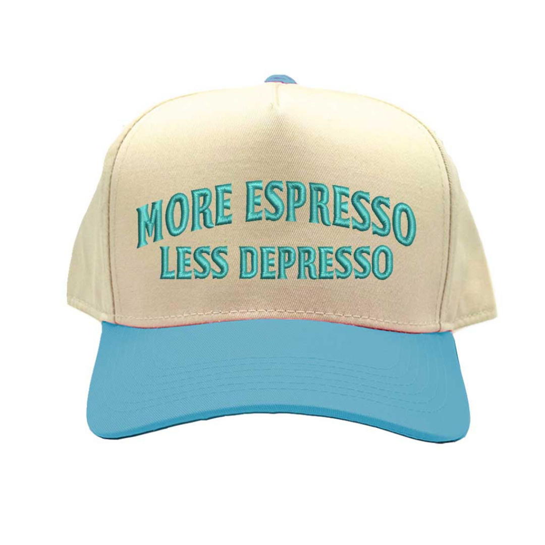 Natural Aqua More Espresso Less Depresso Two Tone 5-Panel Embroidered Baseball Hat with coffee quote embroidery and adjustable snapback closure – DSY Lifestyle