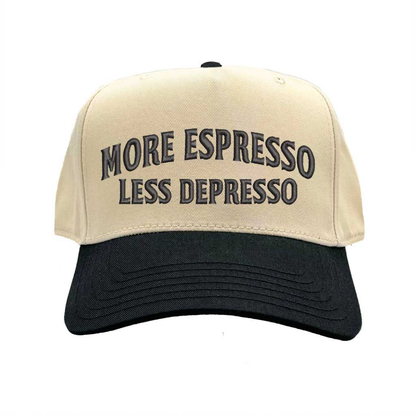 Natural Black More Espresso Less Depresso Two Tone 5-Panel Embroidered Baseball Hat with coffee quote embroidery and adjustable snapback closure – DSY Lifestyle