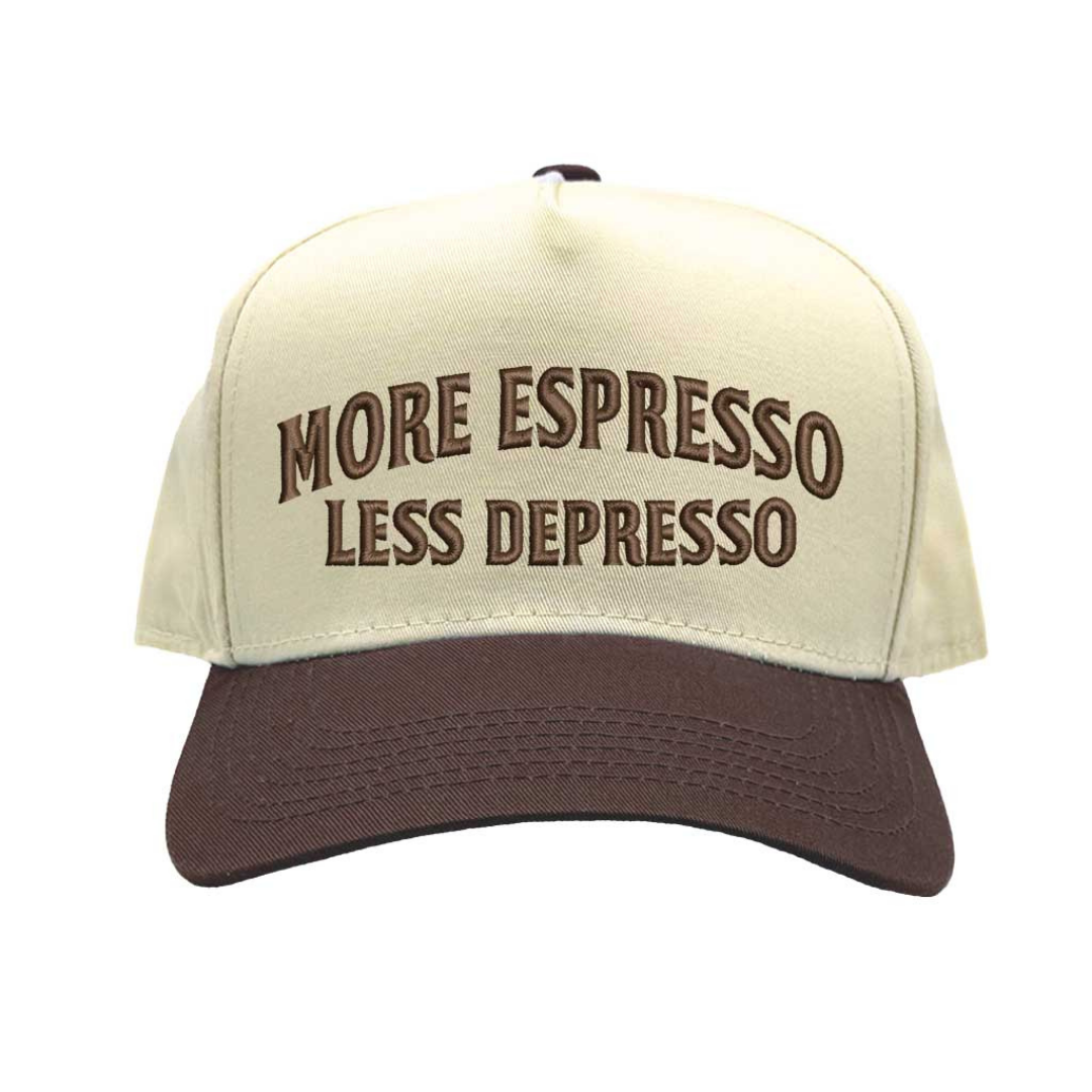 Natural Brown More Espresso Less Depresso Two Tone 5-Panel Embroidered Baseball Hat with coffee quote embroidery and adjustable snapback closure – DSY Lifestyle