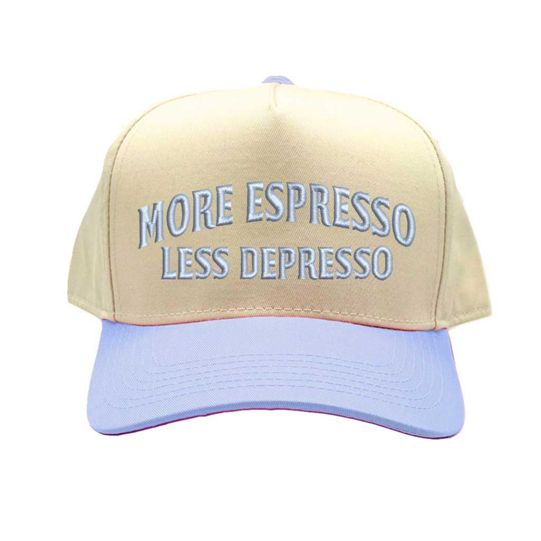 Natural Lavender More Espresso Less Depresso Two Tone 5-Panel Embroidered Baseball Hat with coffee quote embroidery and adjustable snapback closure – DSY Lifestyle