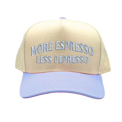 Natural Lavender More Espresso Less Depresso Two Tone 5-Panel Embroidered Baseball Hat with coffee quote embroidery and adjustable snapback closure – DSY Lifestyle
