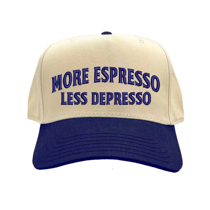 Natural Navy Blue More Espresso Less Depresso Two Tone 5-Panel Embroidered Baseball Hat with coffee quote embroidery and adjustable snapback closure – DSY Lifestyle