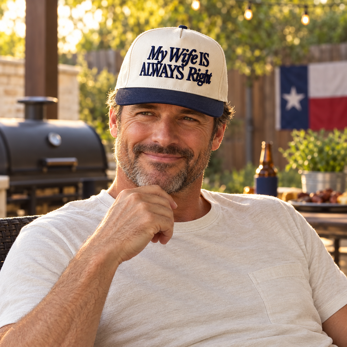 Model wearing the My Wife Is Always Right embroidered two-tone trucker hat