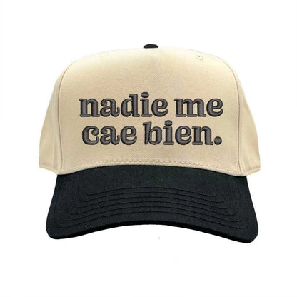 Natural Black Nadie Me Cae Bien embroidered two-tone baseball hat with retro 5-panel design and adjustable snapback closure – DSY Lifestyle.