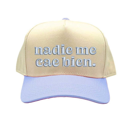 Natural Lavender Nadie Me Cae Bien embroidered two-tone baseball hat with retro 5-panel design and adjustable snapback closure – DSY Lifestyle.