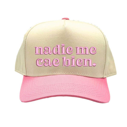 Natural Light Pink Nadie Me Cae Bien embroidered two-tone baseball hat with retro 5-panel design and adjustable snapback closure – DSY Lifestyle.