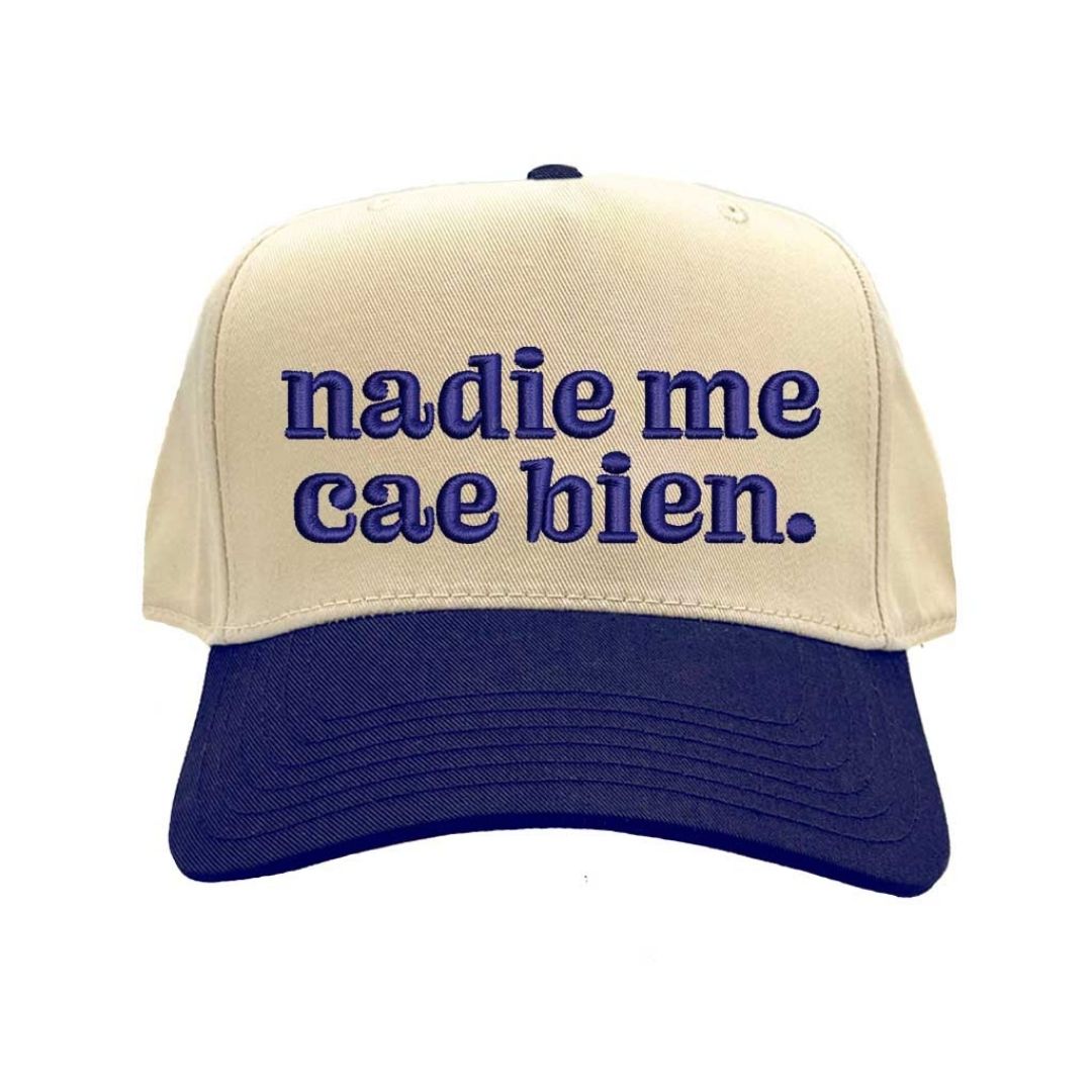 Natural Navy Blue Nadie Me Cae Bien embroidered two-tone baseball hat with retro 5-panel design and adjustable snapback closure – DSY Lifestyle.