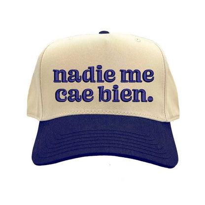 Natural Navy Blue Nadie Me Cae Bien embroidered two-tone baseball hat with retro 5-panel design and adjustable snapback closure – DSY Lifestyle.