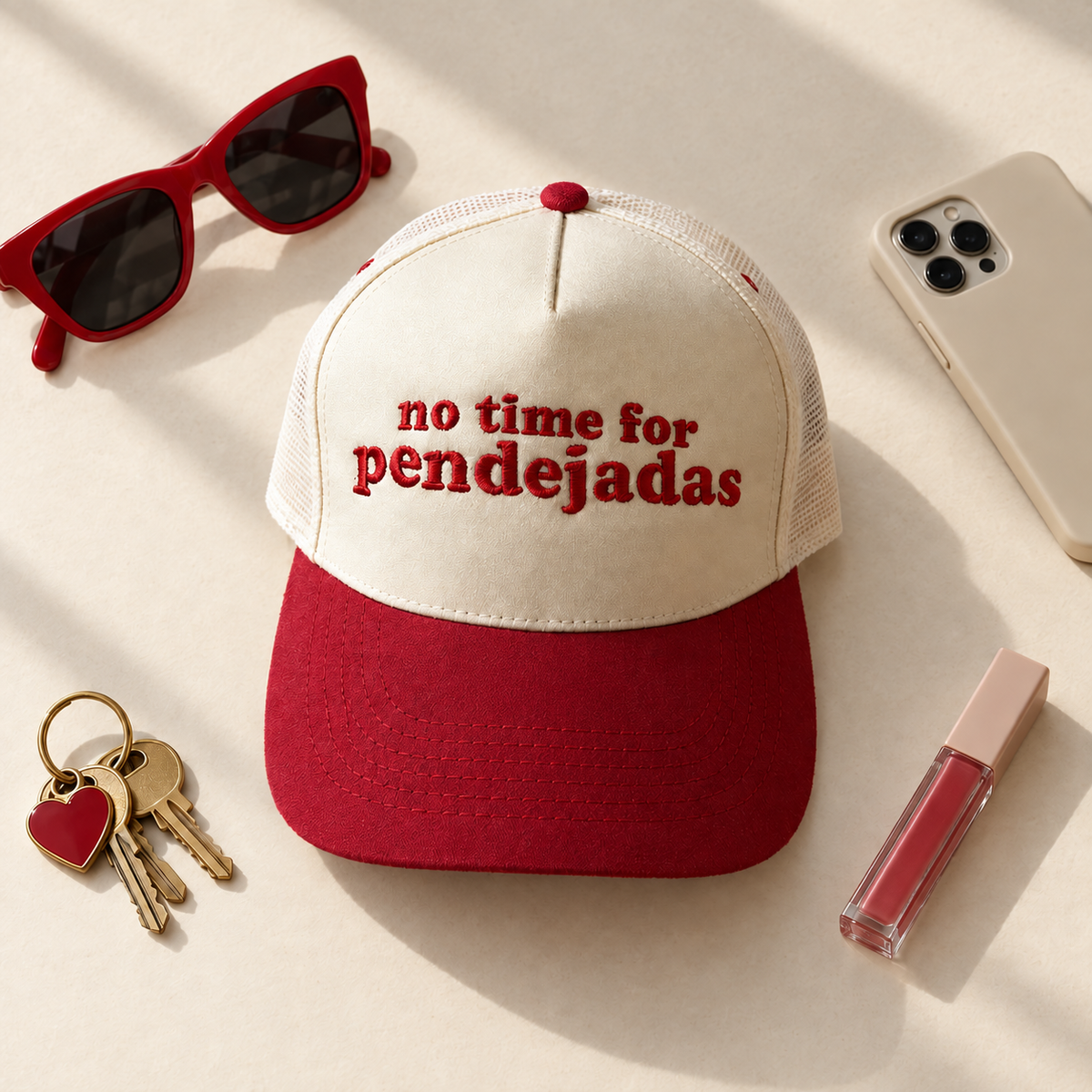 No Time For Pendejadas two-tone embroidered trucker hat styled flat lay
